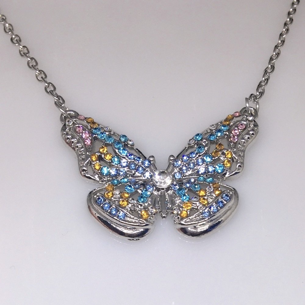Butterfly Pendant With Different Color Stones Each Wing Attached 2 A Necklace